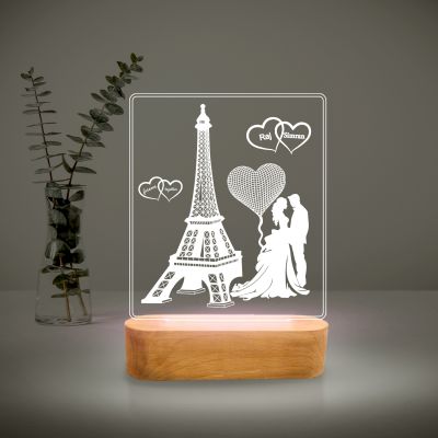 3D Illusion Eiffel Design Lamp Personalized with Couple Name & Cool White Light | Gift for Anniversary